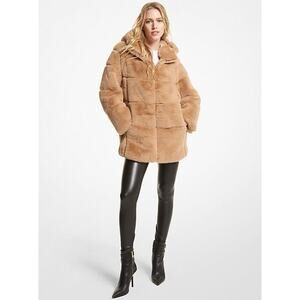 QIYE FAUX FUR HOODED TAN RIBBED GLAM FURRY RAVE JACKET ONE SIZE